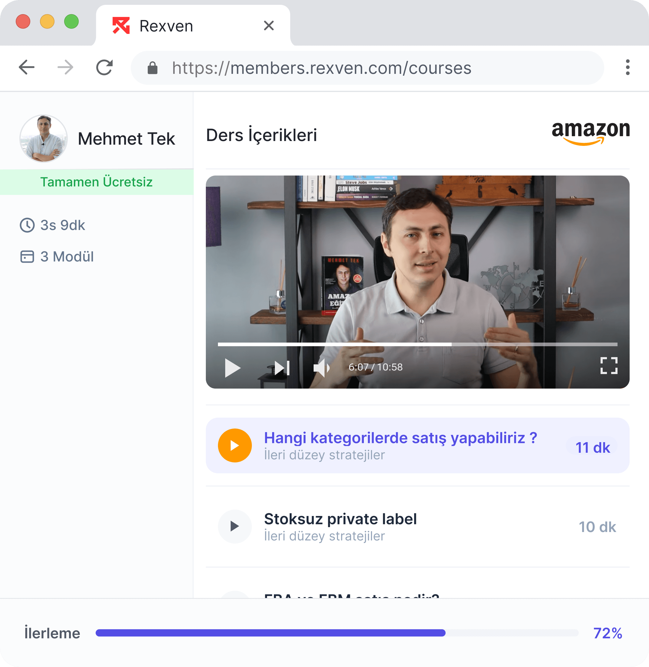 Amazon eğitimi ders içerikleri önizlemesi
